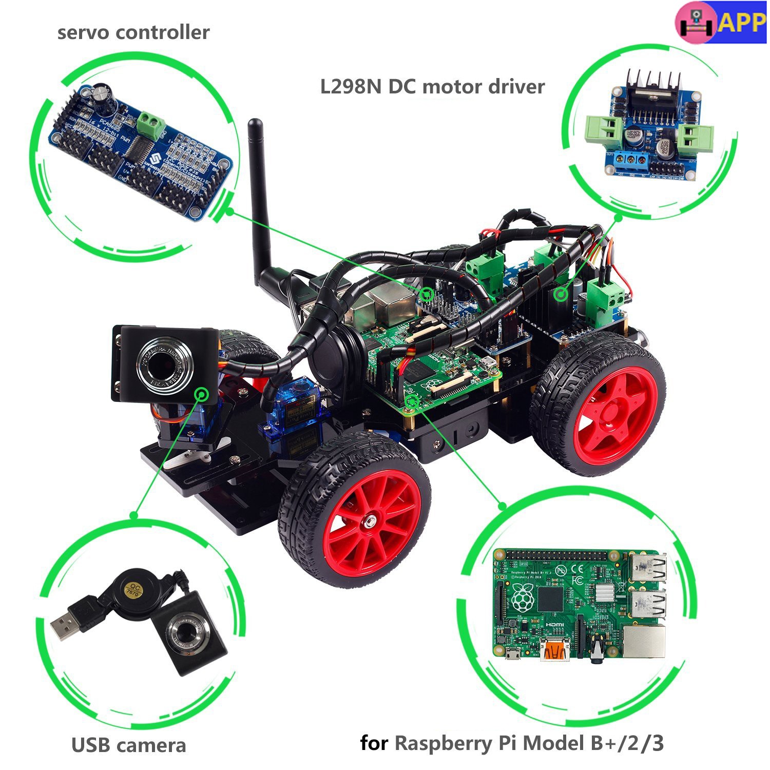 2 and RPi 1 Model B+ Compatible with RPi 3 Pi Not Included Smart Video Car Kit for Raspberry Pi with Android App 